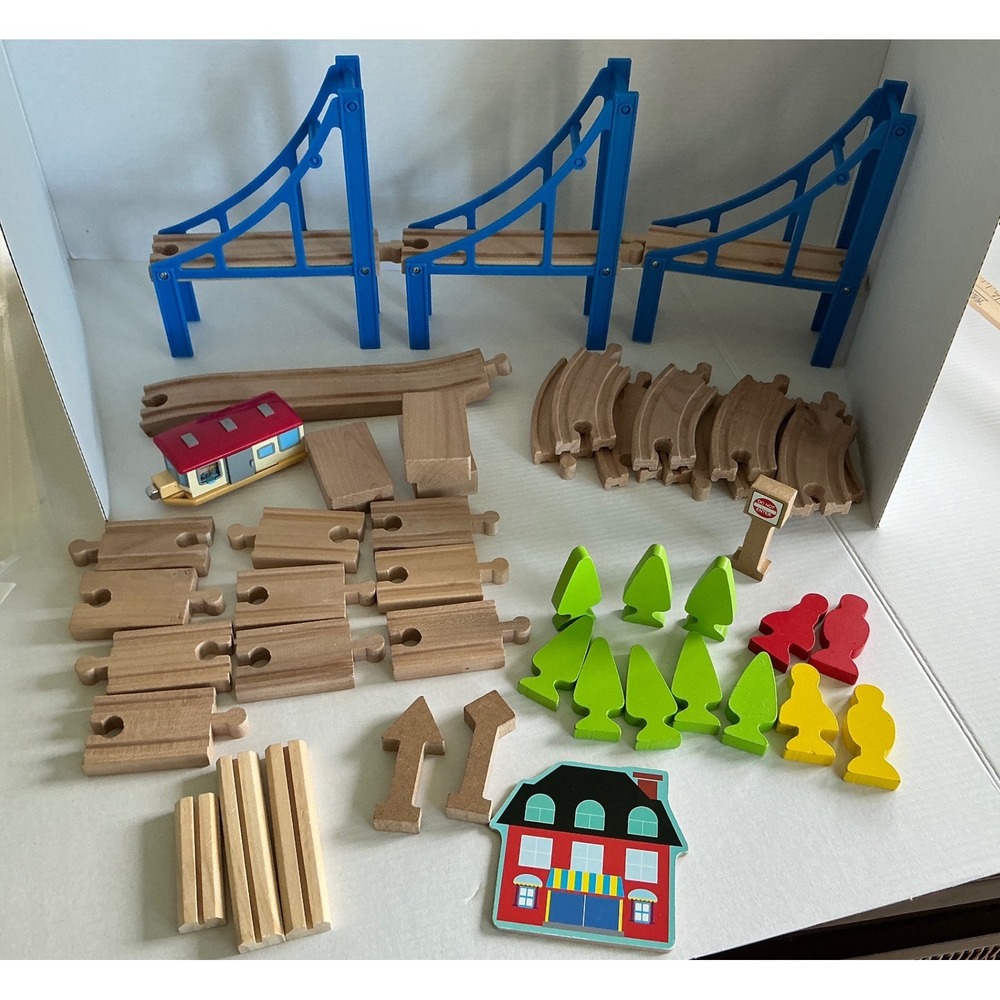 Unbranded Wooden Train Track Lot 40+‎ Pc Blue Bridge Trees Figures Storefront